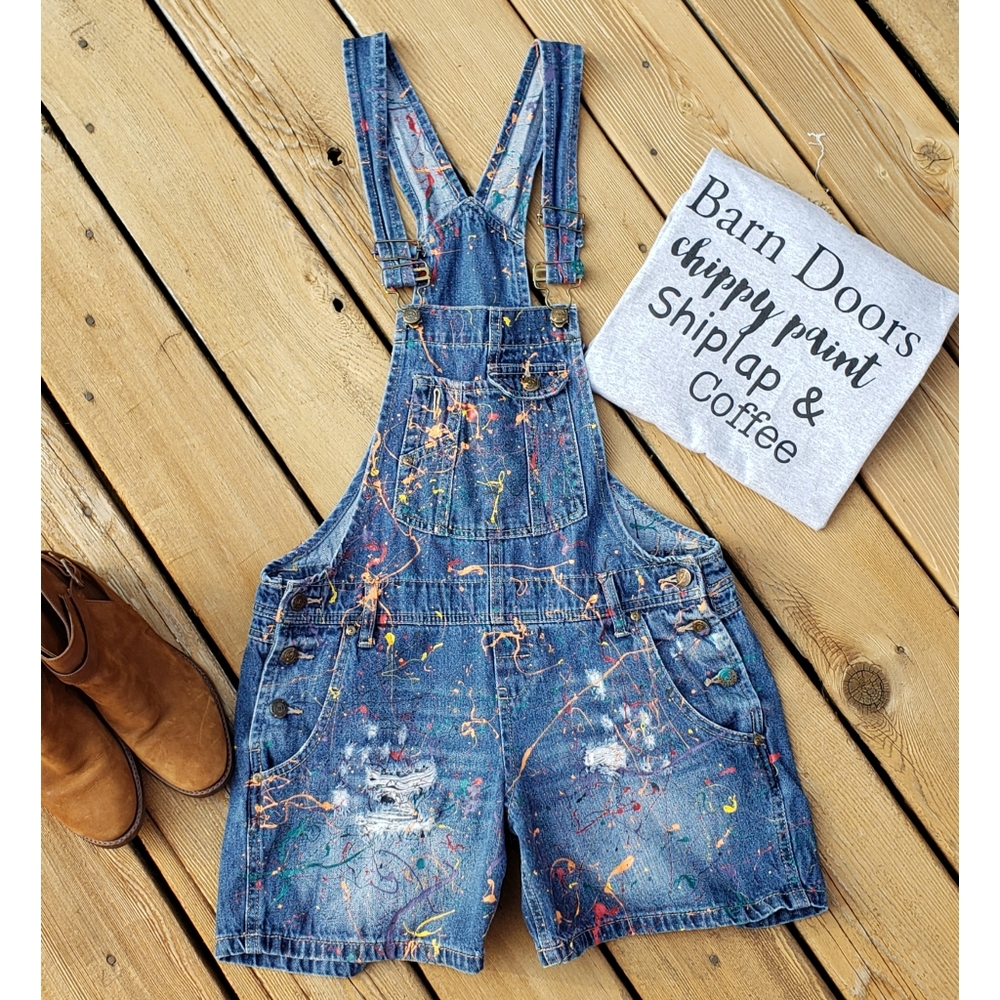 SOLD☆Denim Paint Splattered Overall Shortalls - Picture 1 of 3